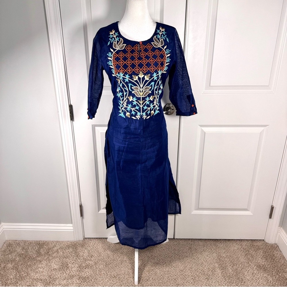 Alena Embroidered Boho Midi Dress M Navy Cotton Indian Kurta Resort Lined Floral